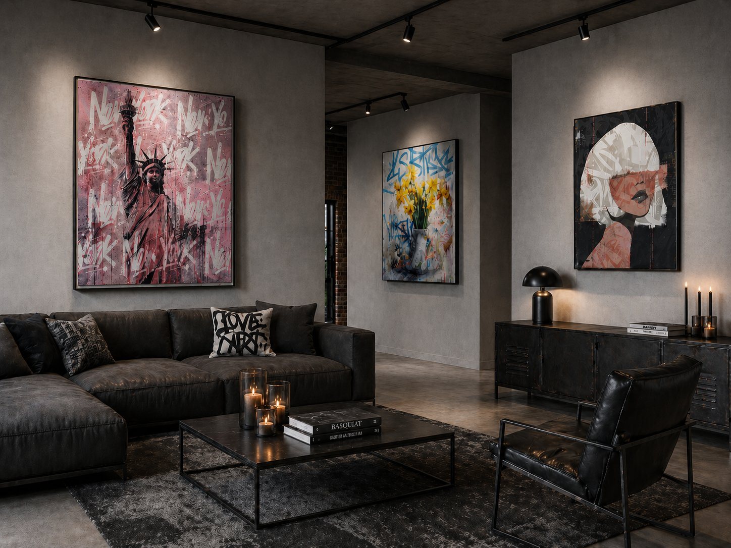 Agate geode artwork in a warm minimalist living room
