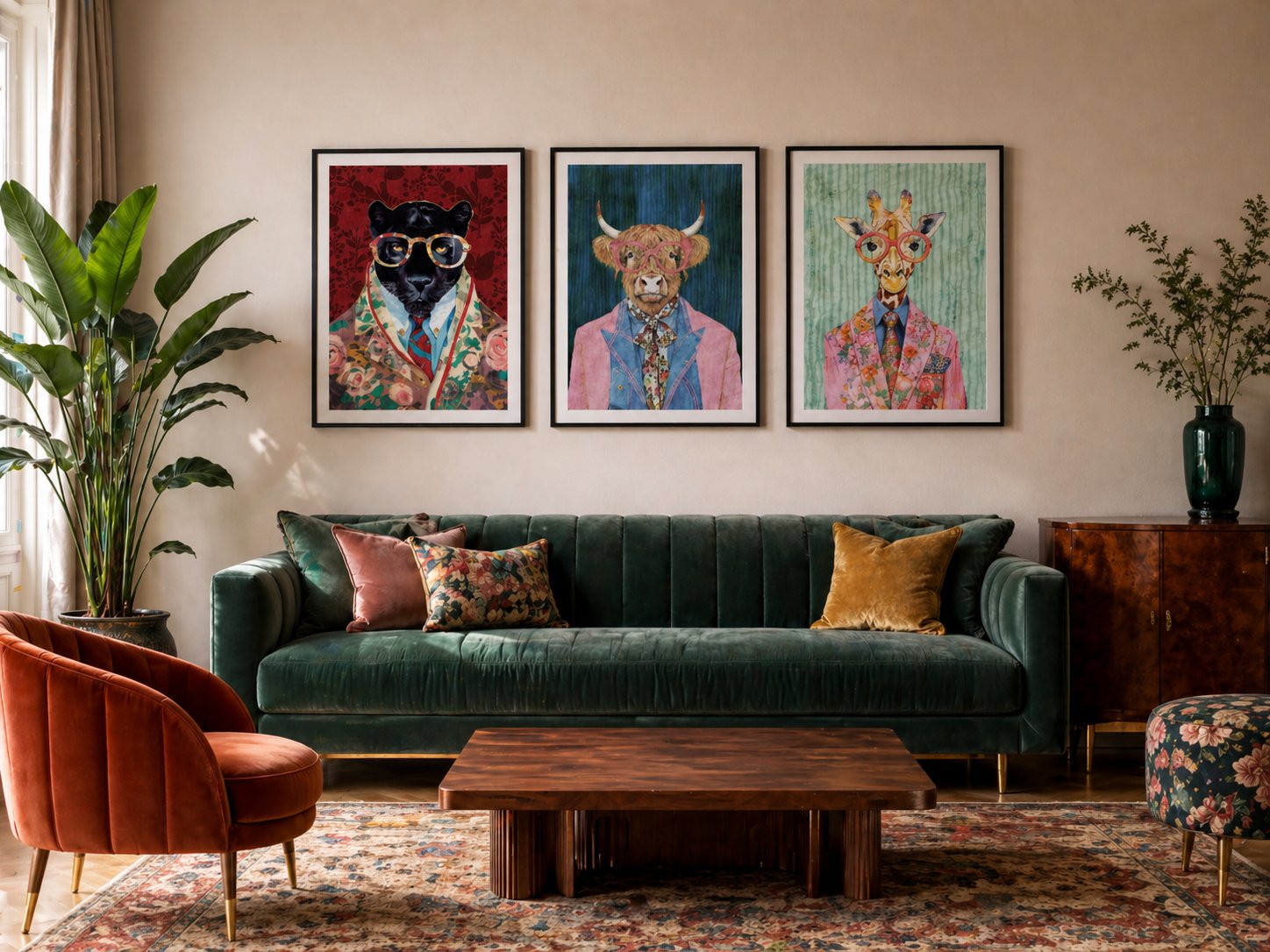 Royal animal portraits as a bold framed set above a green sofa