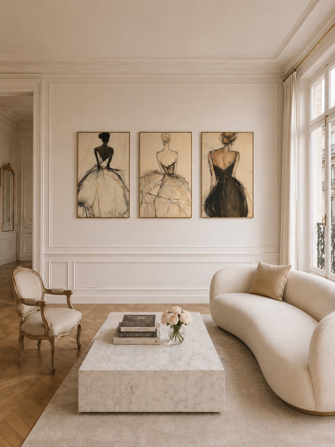 Ballet figure studies as a triptych in a Parisian apartment