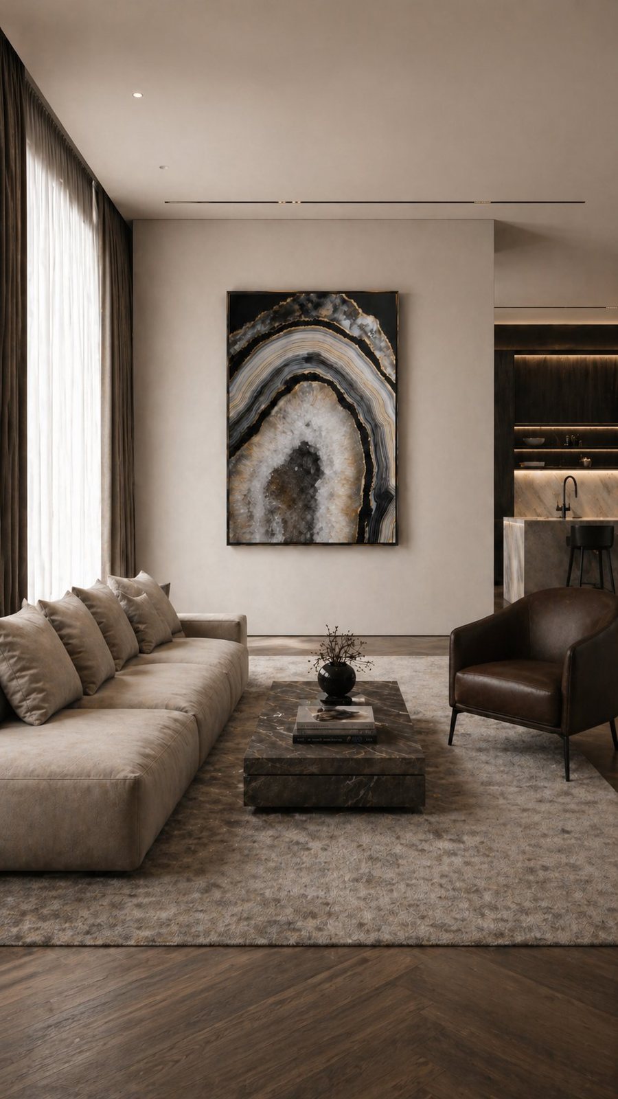 Botanical artwork above a bed in a soft grey bedroom