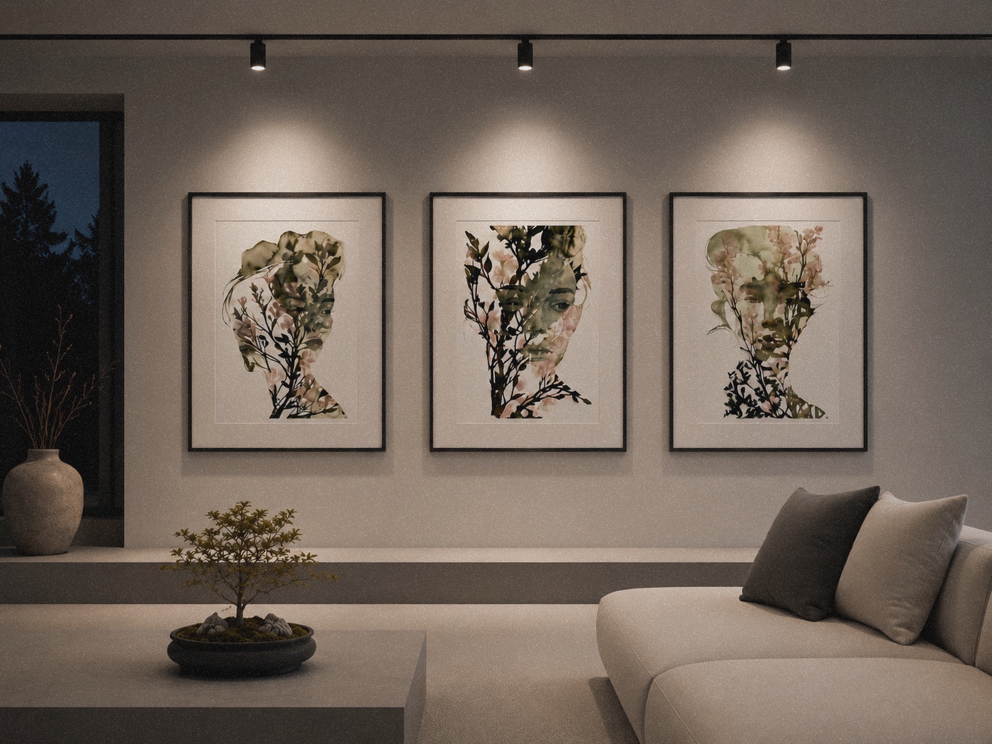 Botanical fashion silhouettes as a framed triptych in a gallery-lit room