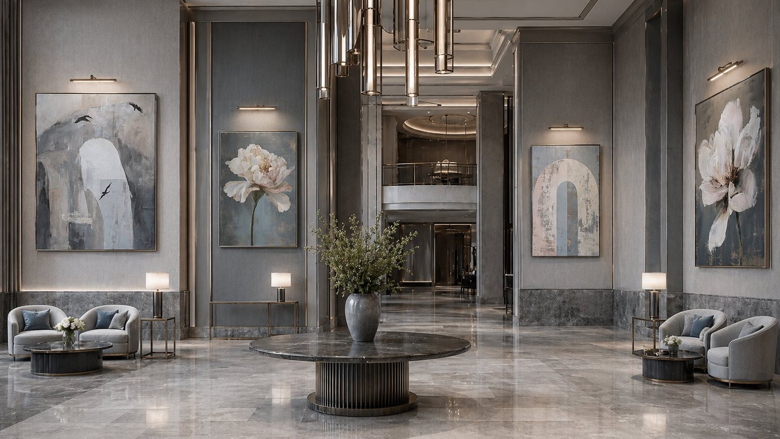 Coastal and botanical art in a refined grey Parisian living room