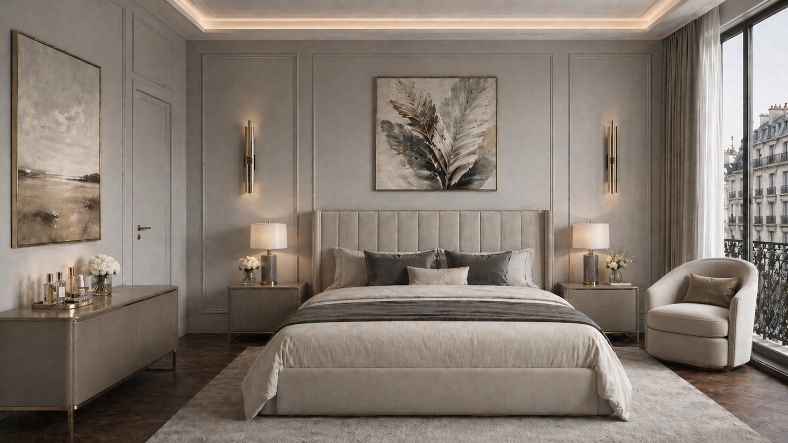 Fashion portrait pair with florals above a curved sofa