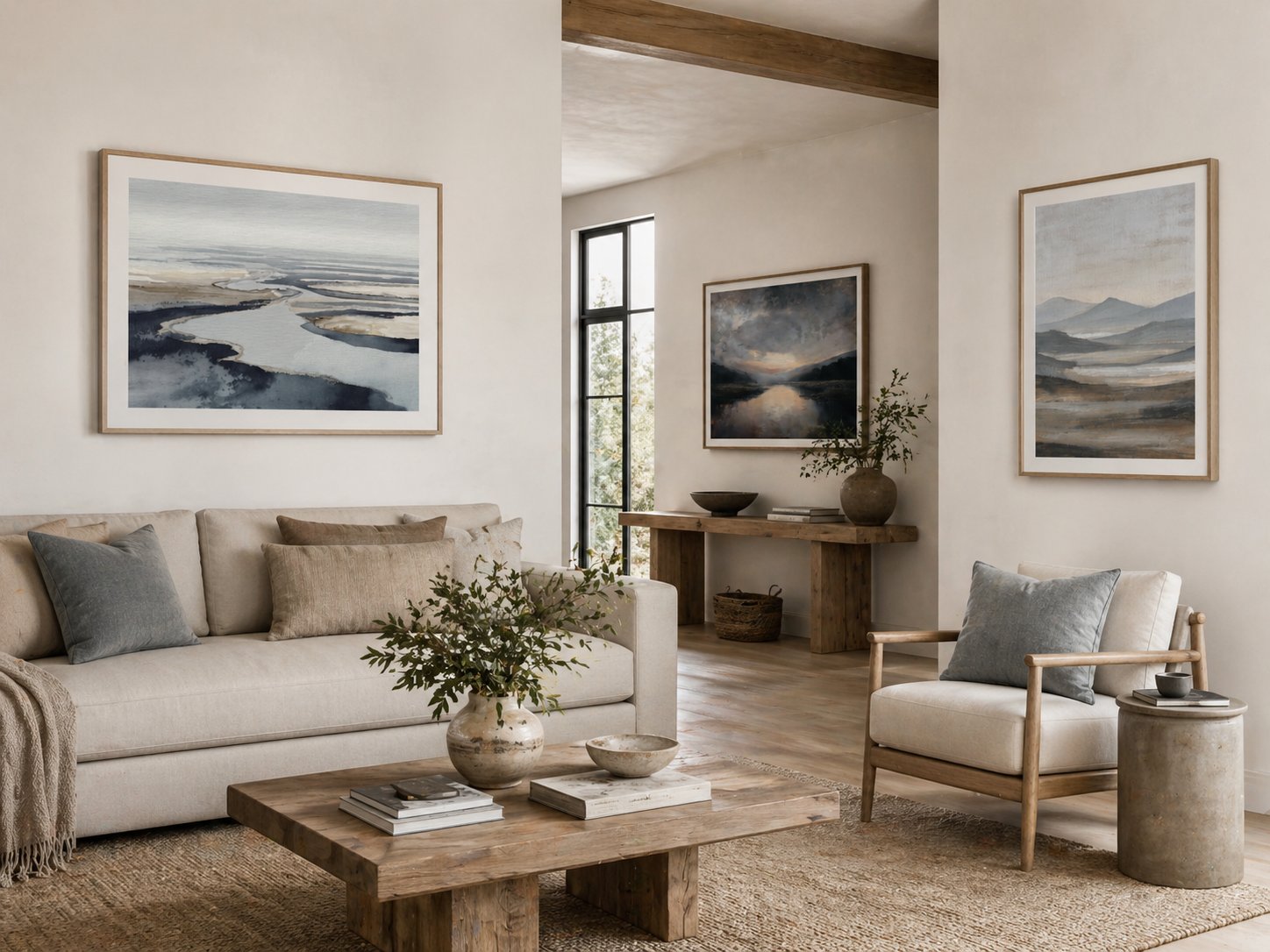 Muted landscape collection styled across a neutral living room