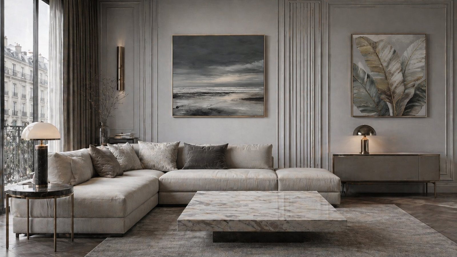 Florals and abstracts in a grand marble hotel lobby