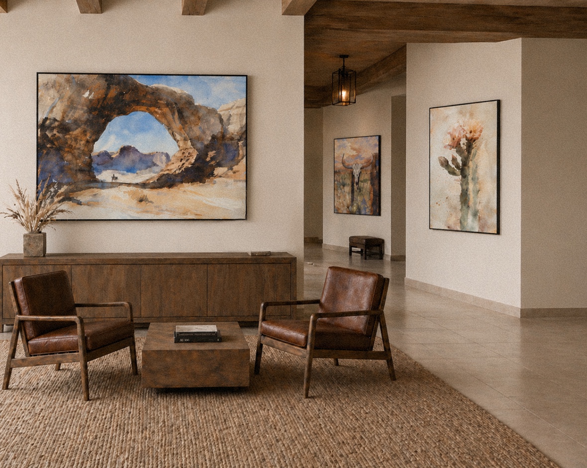 Western watercolor pieces in large format across a southwest interior